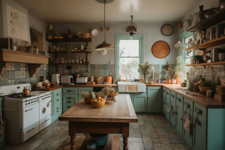 bohemian kitchen with vintage appliances, classic ceramic cookware and breakfast bar, created with generative aiの素材
