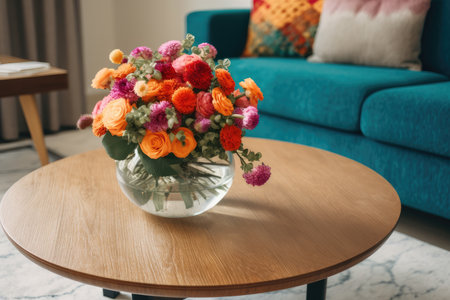 colorful blossom arrangement in vase on coffee table, created with generative aiの素材