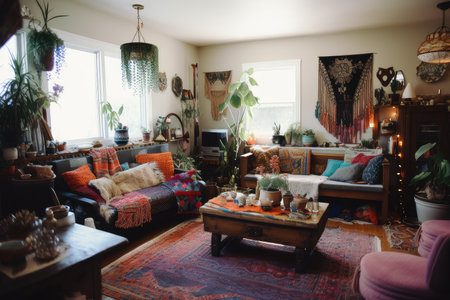 bohemian home with eclectic mix of vintage and retro furniture, colorful textiles, and rustic accents, created with generative aiの素材
