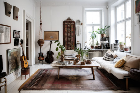 unconventional home, with a mix of vintage and modern elements, in an eclectic bohemian style, created with generative aiの素材