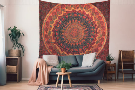 intricate mandala tapestry hanging on the wall of bohemian home, created with generative aiの素材