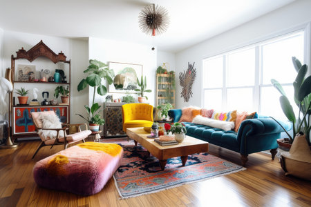 modern and eclectic bohemian home with pops of color and unique decor, created with generative aiの素材