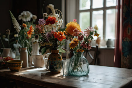 fresh flowers in a vase on a bohemian dining table, created with generative aiの素材