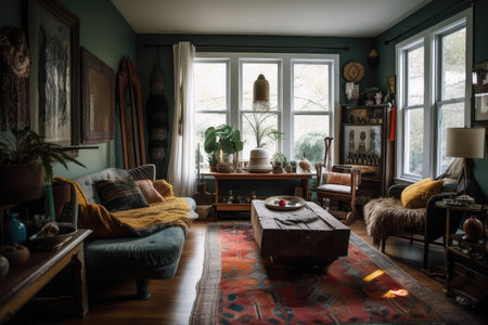bohemian home, with eclectic mix of vintage and modern decor, created with generative aiの素材