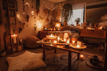 warm and cozy bohemian home, with candlelight and incense burning, created with generative aiの素材