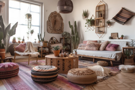cozy, bohemian dream room with stylish decor and accessories, created with generative aiの素材