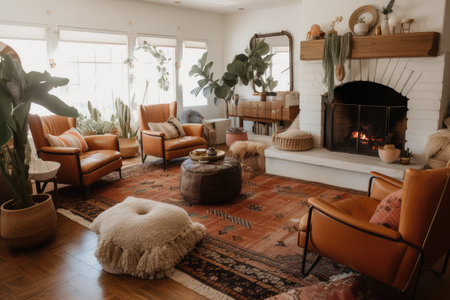 cozy bohemian home with inviting fireplace and cozy armchairs, created with generative aiの素材
