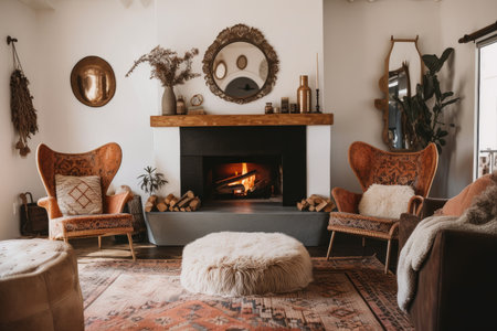 cozy bohemian home with inviting fireplace and cozy armchairs, created with generative aiの素材