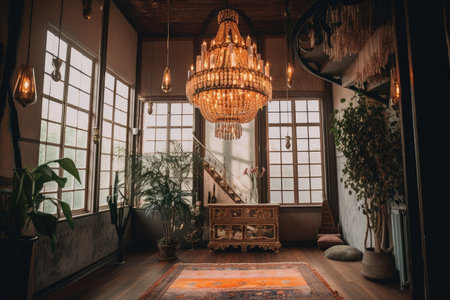 vintage chandelier hanging from high ceiling in bohemian home, created with generative aiの素材