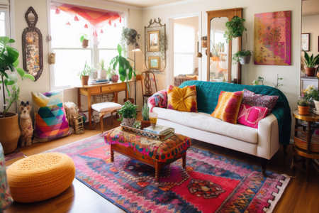 bohemian home with vibrant colors, floral prints and eclectic accents, created with generative aiの素材