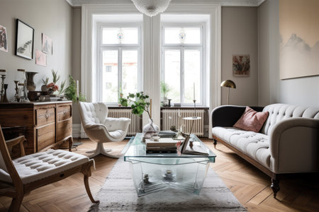classic and bohemian mix with modern furniture and vintage details in interior design, created with generative aiの素材