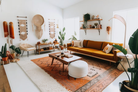 minimalist bohemian home with clean lines, natural materials, and pops of color, created with generative aiの素材