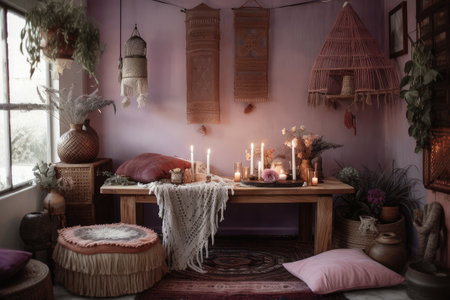 bohemian home, with lavender and pink tones, natural textures, and vintage accents, created with generative aiの素材