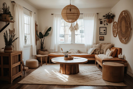 bohemian home with natural wood furniture and neutral color palette, created with generative aiの素材