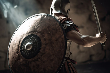 gladiator preparing for battle, with sword and shield in hand, created with generative aiの素材