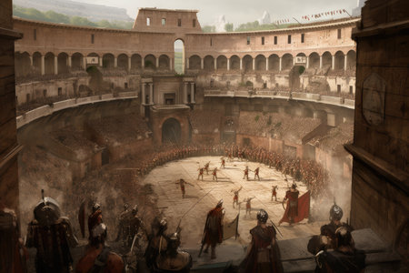 gladiatorial combat in the heart of ancient colosseum, with onlookers cheering on the fighters, created with generative aiの素材