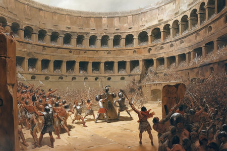 gladiatorial combat in the heart of ancient colosseum, with onlookers cheering on the fighters, created with generative aiの素材