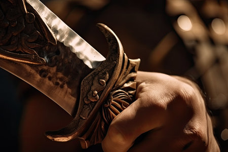 close-up of sword wielded by gladiator, ready to fight for victory, created with generative aiの素材
