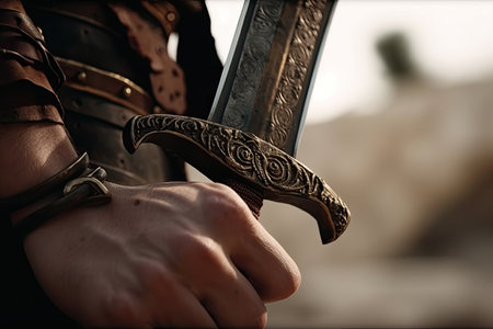 close-up of sword wielded by gladiator, ready to fight for victory, created with generative aiの素材