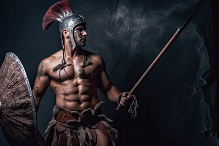 elegant roman gladiator with trident and net, waiting to battle other gladiators, created with generative aiの素材
