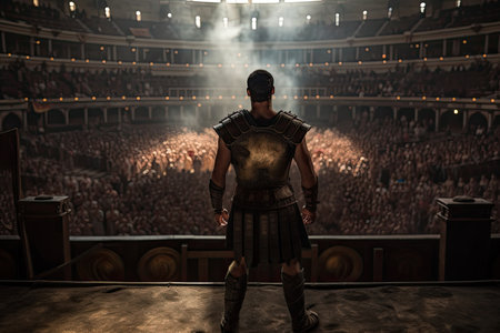 gladiator, standing in the center of arena, surrounded by cheering crowd, created with generative aiの素材