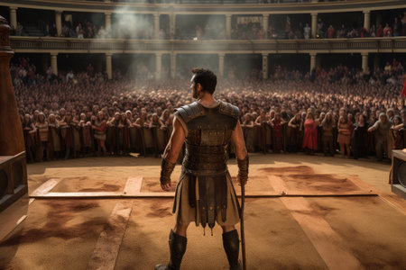 gladiator, standing in the center of arena, surrounded by cheering crowd, created with generative aiの素材