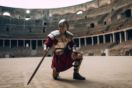 ancient roman gladiator training in the coliseum, preparing for battle, created with generative aiの素材