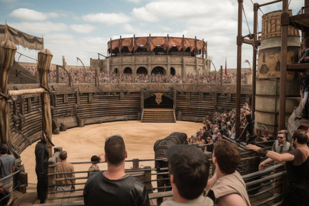 life-size gladiator battle arena, with spectators watching in the background, created with generative aiの素材