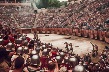 live gladiator battle, with crowds of roman spectators cheering on their favorites, created with generative aiの素材