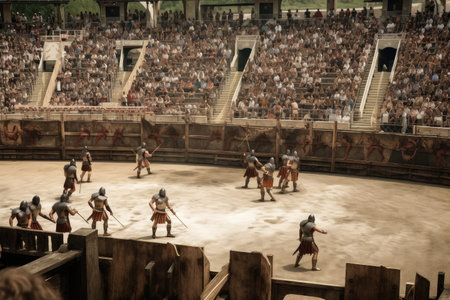 live gladiator battle, with crowds of roman spectators cheering on their favorites, created with generative aiの素材