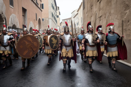 gladiators marching in procession, with swords and shields, created with generative aiの素材