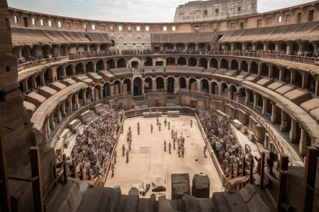 gladiators fighting in ancient colosseum, with crowds of people looking on from the stands, created with generative aiの素材