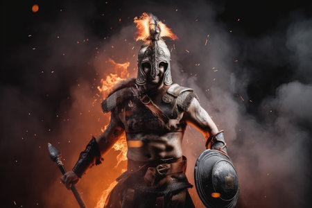 creative vision of gladiator, surrounded by flames and smoke, fighting for victory, created with generative aiの素材