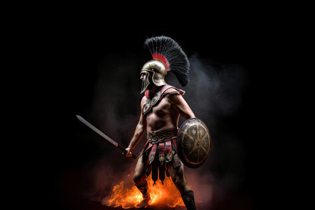 creative vision of gladiator, surrounded by flames and smoke, fighting for victory, created with generative aiの素材