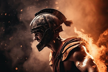 creative vision of gladiator, surrounded by flames and smoke, fighting for victory, created with generative aiの素材