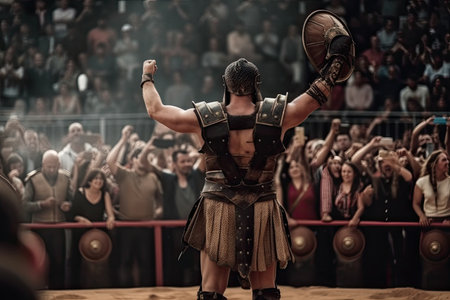 roman gladiator standing victorious over his defeated opponent, the crowd cheering in the background, created with generative aiの素材