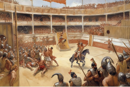 gladiators of different schools, fighting in the chariot arena, created with generative aiの素材