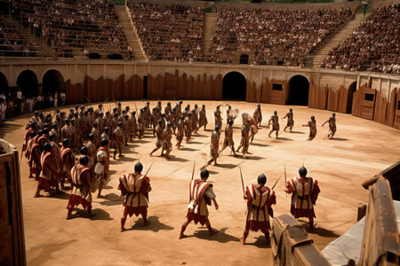 gladiators of different schools, fighting in the chariot arena, created with generative aiの素材