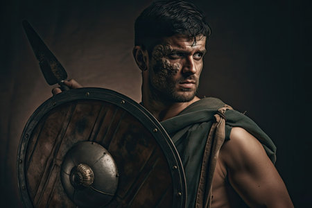 ancient roman gladiator preparing for battle, with sword and shield in hand, created with generative aiの素材