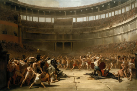 gladiators fighting in arena, with spectators and emperor watching the battle, created with generative aiの素材
