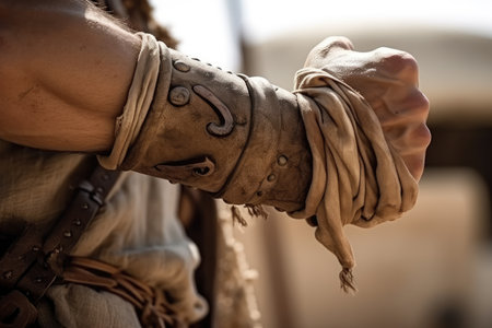 close-up of gladiators fist, gripping his weapon, ready to fight, created with generative aiの素材