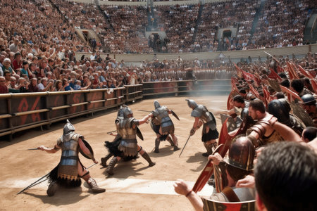 gladiators fighting in arena surrounded by cheering crowd, created with generative aiの素材
