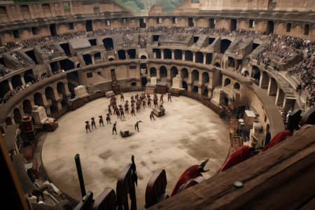 gladiator battle in the colosseum, with spectators and judges watching from above, created with generative aiの素材