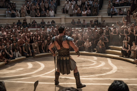 gladiator, practicing combat techniques in the arena, surrounded by cheering crowd, created with generative aiの素材