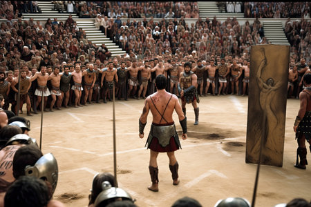 gladiator in final battle, surrounded by other gladiators and spectators, created with generative aiの素材