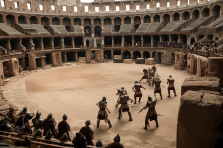 gladiators fighting for the entertainment of the masses in ancient colosseum, created with generative aiの素材