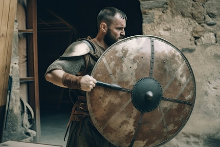 ancient roman gladiator training with sword and shield in preparation for upcoming fight, created with generative aiの素材