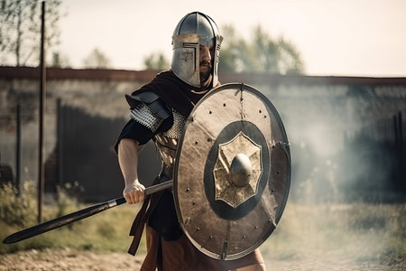 ancient roman gladiator training with sword and shield in preparation for upcoming fight, created with generative aiの素材
