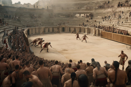 gladiators battling in ancient coliseum, surrounded by cheering spectators, created with generative aiの素材
