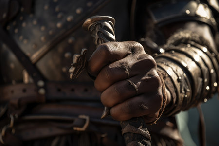 close-up of gladiators heavily armored hand, holding a sword ready for battle, created with generative aiの素材